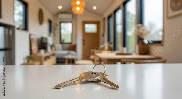 Fototapeta A set of keys on a counter, with a blurred background of a house, representing a new, smaller home