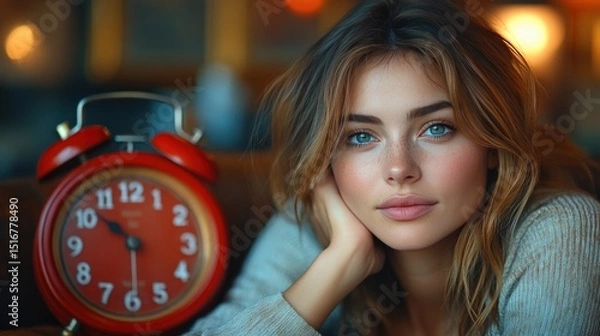 Fototapeta Woman resting, looking at the camera, vintage clock in the background