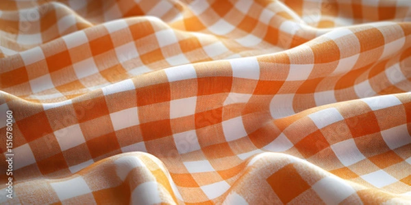Fototapeta Estampa de tecido xadrez quadriculado laranja e branco com linhas na diagonal. Pano de mesa alaranjado