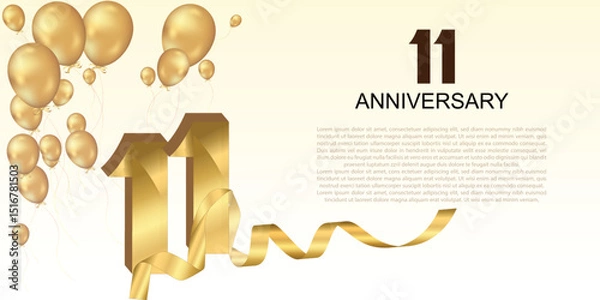 Fototapeta Elegant 11th anniversary celebration with golden balloons, ribbon, and bold 3D numbers. Perfect for greeting cards, banners, or party invitations. Luxurious and festive vector design.