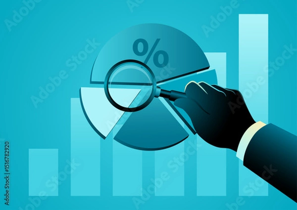 Obraz Business or investment data analysis, hand with magnifying glass examining pie chart