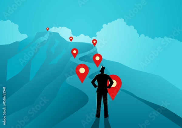 Obraz Success journey concept, businessman following map pins toward mountain goal