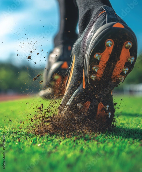 Fototapeta Close up of soccer cleats kicking up dirt on the field during a sunny day