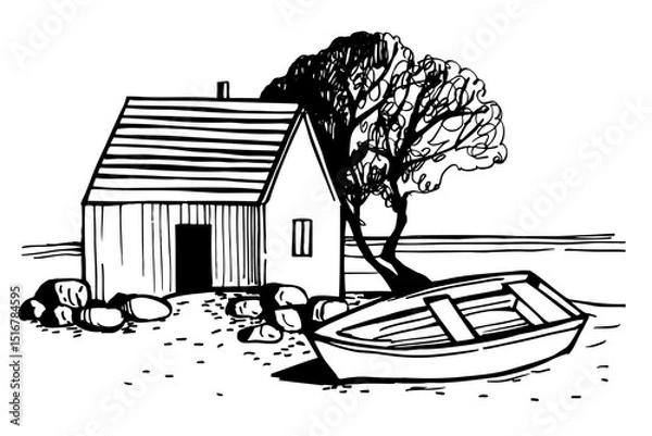 Obraz Hand-drawn  house and boat on the seashore. Vector sketch illustration