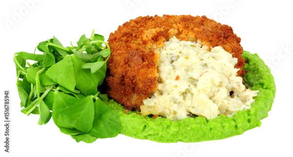 Fototapeta Breadcrumb covered fish cake filled with cod and creamy mashed potato with vivid green pea puree and pea shoot salad leaves isolated on a white background