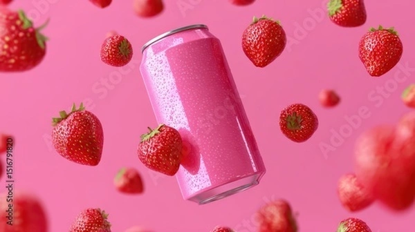 Fototapeta Floating white soda can mockup with fresh strawberries on pink color background for beverage commercial