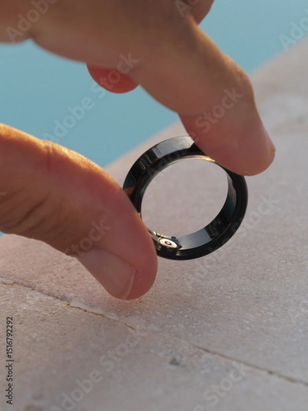 Fototapeta Hand holds black smart ring near pool with health tracker.