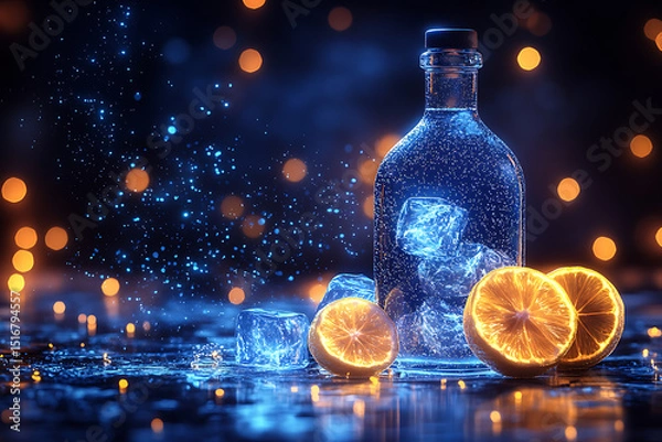 Obraz Glowing wireframe of a bottle filled with ice cubes and lemon slices, on a transparent background, enhanced with blue and black data points for a tech-inspired visual effect.

