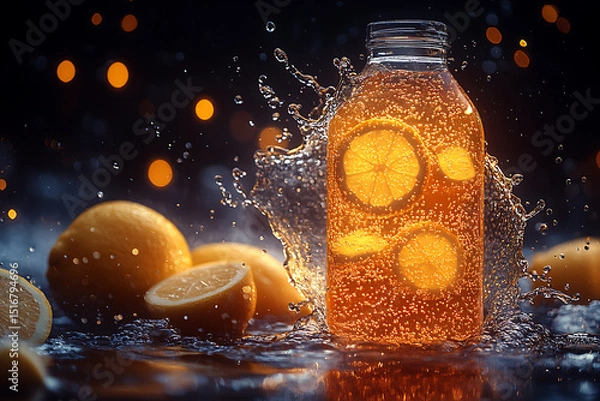 Obraz Glowing wireframe of a bottle filled with ice cubes and lemon slices, on a transparent background, enhanced with blue and black data points for a tech-inspired visual effect.

