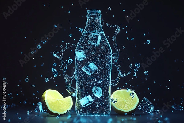 Obraz Glowing wireframe of a bottle filled with ice cubes and lemon slices, on a transparent background, enhanced with blue and black data points for a tech-inspired visual effect.

