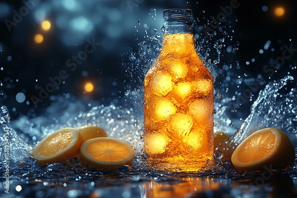 Fototapeta Glowing wireframe of a bottle filled with ice cubes and lemon slices, on a transparent background, enhanced with blue and black data points for a tech-inspired visual effect.

