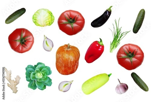 Fototapeta Set of fresh juicy appetizing vegetables on a white background