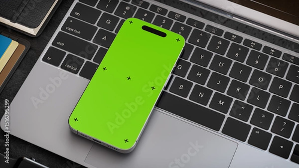 Fototapeta Phone with green screen mockup on laptop keyboard..