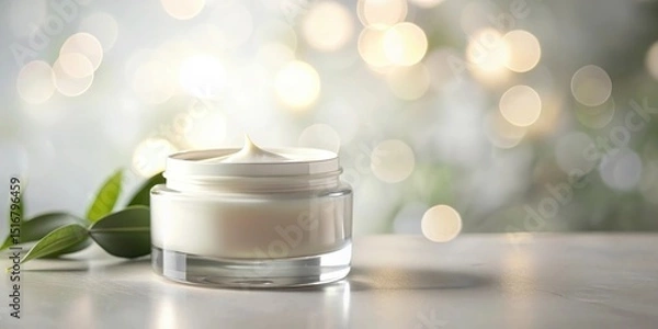 Fototapeta Luxurious facial cream jar on a pristine surface, showcasing its rich texture against a soft, blurred background of gentle light and lush greenery