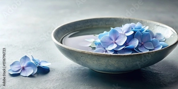 Fototapeta Serene blue hydrangea blossoms gently float in a tranquil bowl of water, a minimalist spa-like scene promoting calmness and well-being.