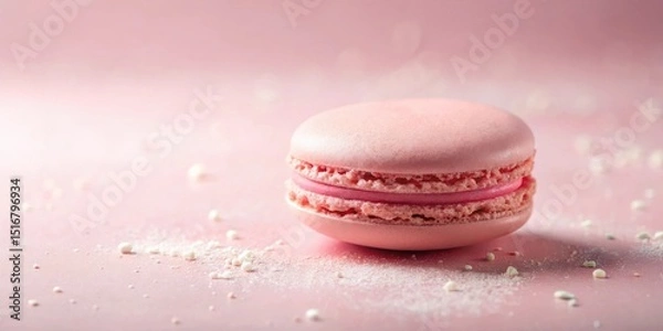 Fototapeta A Delicate Pink Macaron with a Creamy Filling Rests on a Soft Pink Surface Adorned with Delicate White Sprinkles