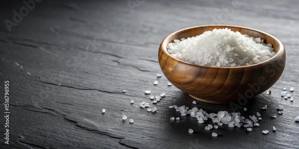Fototapeta A wooden bowl overflowing with coarse sea salt crystals rests on a dark slate surface, some grains scattered nearby.