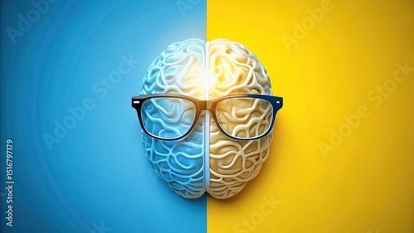 Fototapeta Illuminated Mind A Conceptual Representation of Intellectual Brilliance and the Power of Knowledge, Symbolized by a Brain with Eyeglasses Against a Vibrant Dual-Colored Background