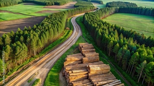 Fototapeta Aerial View of a Rural Road Winding Through Lush Green Fields and Forests, with Stacks of Harvested Timber
