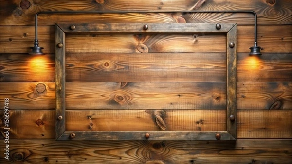 Fototapeta Rustic Wooden Frame with Illuminated Wall Sconces, Perfect for Vintage or Western Themed Designs