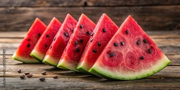 Fototapeta Sliced watermelon pieces arranged on rustic wooden surface, displaying vibrant red flesh and black seeds