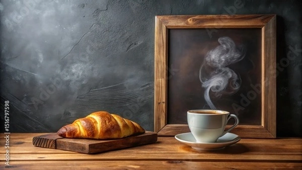 Fototapeta Aromatic Coffee Steam Rising Beside a Buttery Croissant on Rustic Wooden Tabletop with Dark Background and Wooden Frame