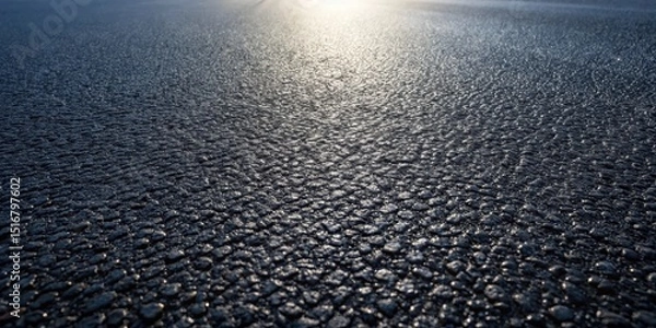 Fototapeta A Detailed Close-Up View of a Dark Asphalt Surface with Light Reflecting off its Textured Surface