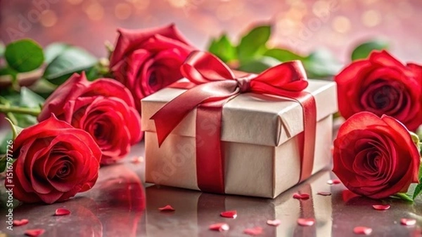 Fototapeta A romantic gift presentation featuring a delicately wrapped present and vibrant red roses, creating a lovely celebratory tableau.