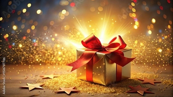 Fototapeta A radiant gold gift box adorned with a vibrant red ribbon, sparkling with festive magic and surrounded by golden glitter and stars.