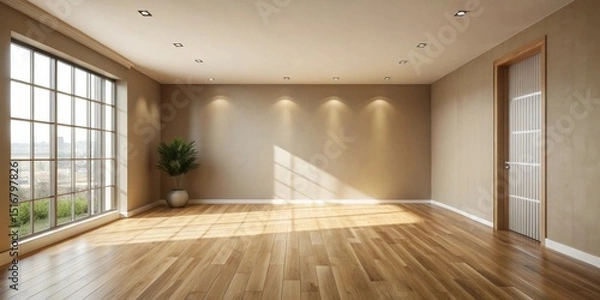 Fototapeta Sunlit Empty Room with Hardwood Floor and Large Window, Ready for Interior Design