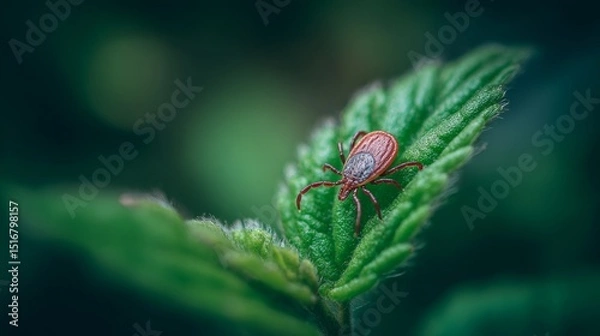 Obraz Close-up of a tick on a green leaf with soft blurred forest background, 