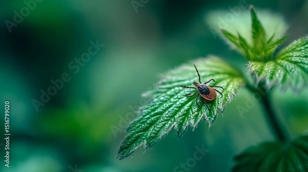 Obraz Close-up of a tick on a green leaf with soft blurred forest background, 
