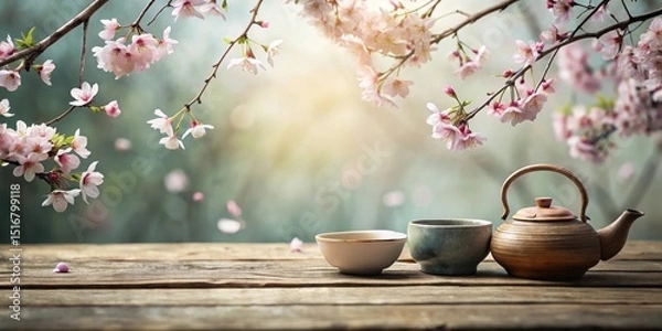 Fototapeta Tranquil Tea Ceremony Under a Canopy of Delicate Spring Blossoms on Rustic Wooden Table