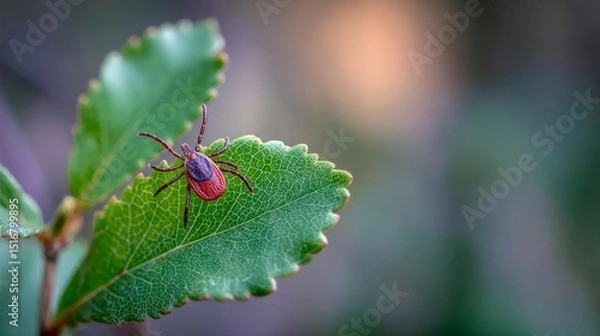 Obraz Close-up of a tick on a green leaf with soft blurred forest background, 