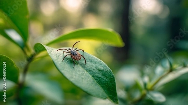 Obraz Close-up of a tick on a green leaf with soft blurred forest background, 