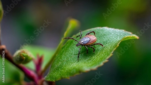 Obraz Close-up of a tick on a green leaf with soft blurred forest background, 