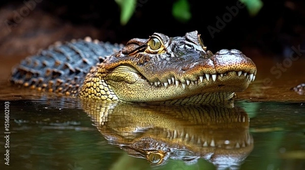 Fototapeta Saltwater crocodile resting in water with reflection showing
