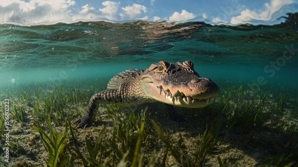 Fototapeta Cuban crocodile swimming underwater in the gardens of the queen archipelago