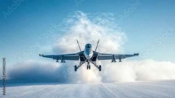 Obraz A stunning image of a fighter jet taking off against a backdrop of blue skies and white clouds, showcasing the power and speed of modern aviation technology.