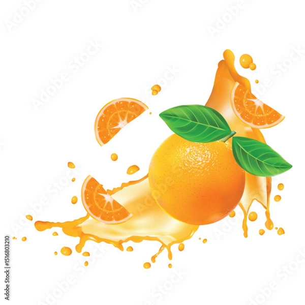 Obraz Orange juice splash banner with fruit pieces isolated on white background