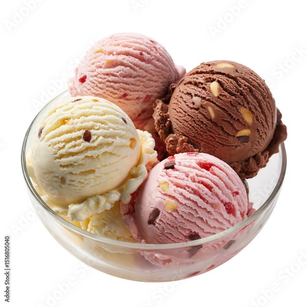 Fototapeta Delicious colorful Vanilla, chocolate ice cream scoops with chocolate, strawberry and nuts in a bowl.