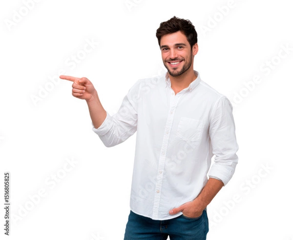 Fototapeta Positive confident smiling man pointing finger showing idea on transparent background, PNG
