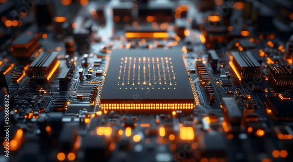 Fototapeta Computer chips assembly line in manufacturing plant, modern electronics production factory
