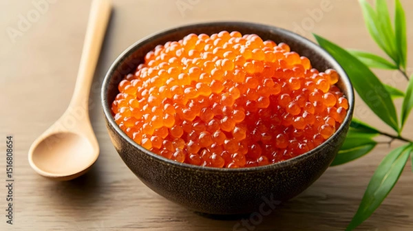 Obraz Pile Of Red Caviar In Dark Bowl With Wooden Spoon