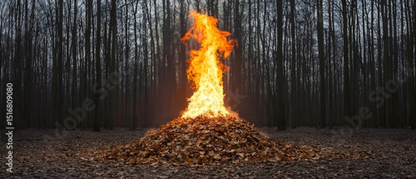 Obraz Large Pile Of Leaves Burning In Dark Forest