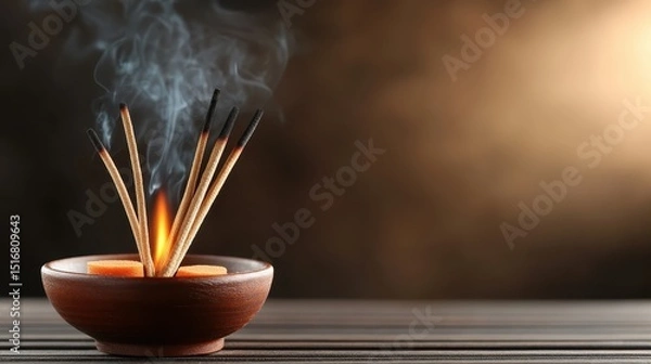 Obraz A serene image of incense sticks emitting smoke in a beautifully crafted wooden bowl, creating an atmosphere of calmness, spirituality, and contemplative relaxation.