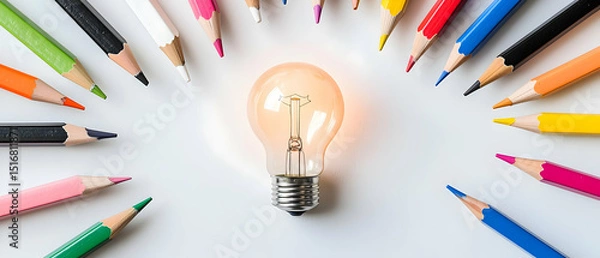 Obraz Colorful Pencils Surrounding Illuminated Light Bulb