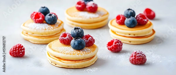 Obraz Stacked Pancakes Topped With Fresh Berries And Powdered Sugar