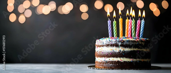 Obraz Layered Chocolate Cake With Colorful Candles On Dark Background
