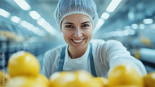 Obraz A joyful woman in a food processing facility greets the viewer while holding fresh lemons. Her smile conveys the passion and care involved in this industry.